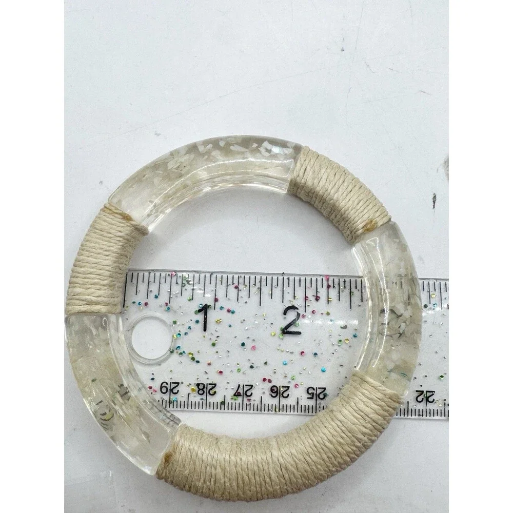 Vtg Lucite Bangle Bracelet Iridescent Inclusions Mother Of Pearl Twine Wrapped